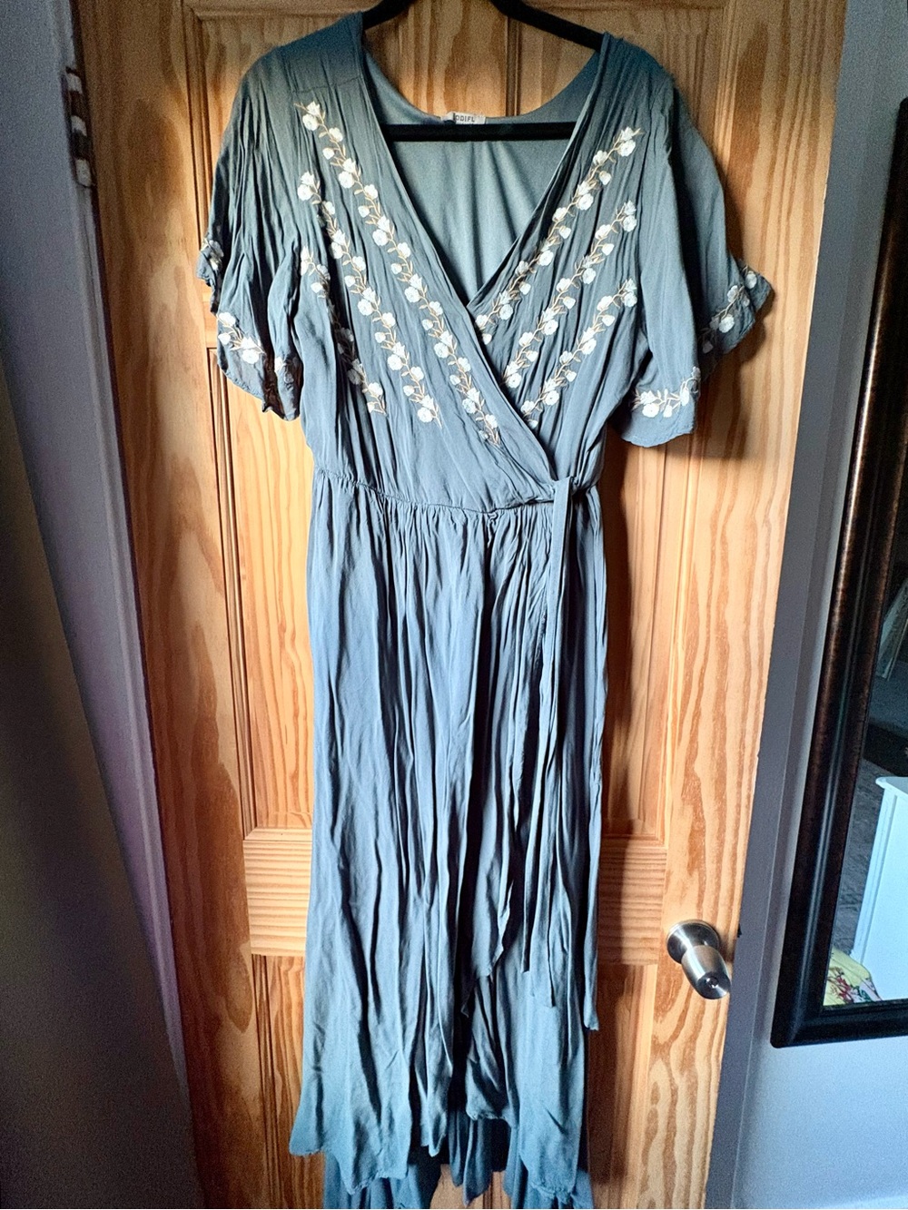 JODIFL Olive Green Embroidered Asymmetrical Wrap Dress